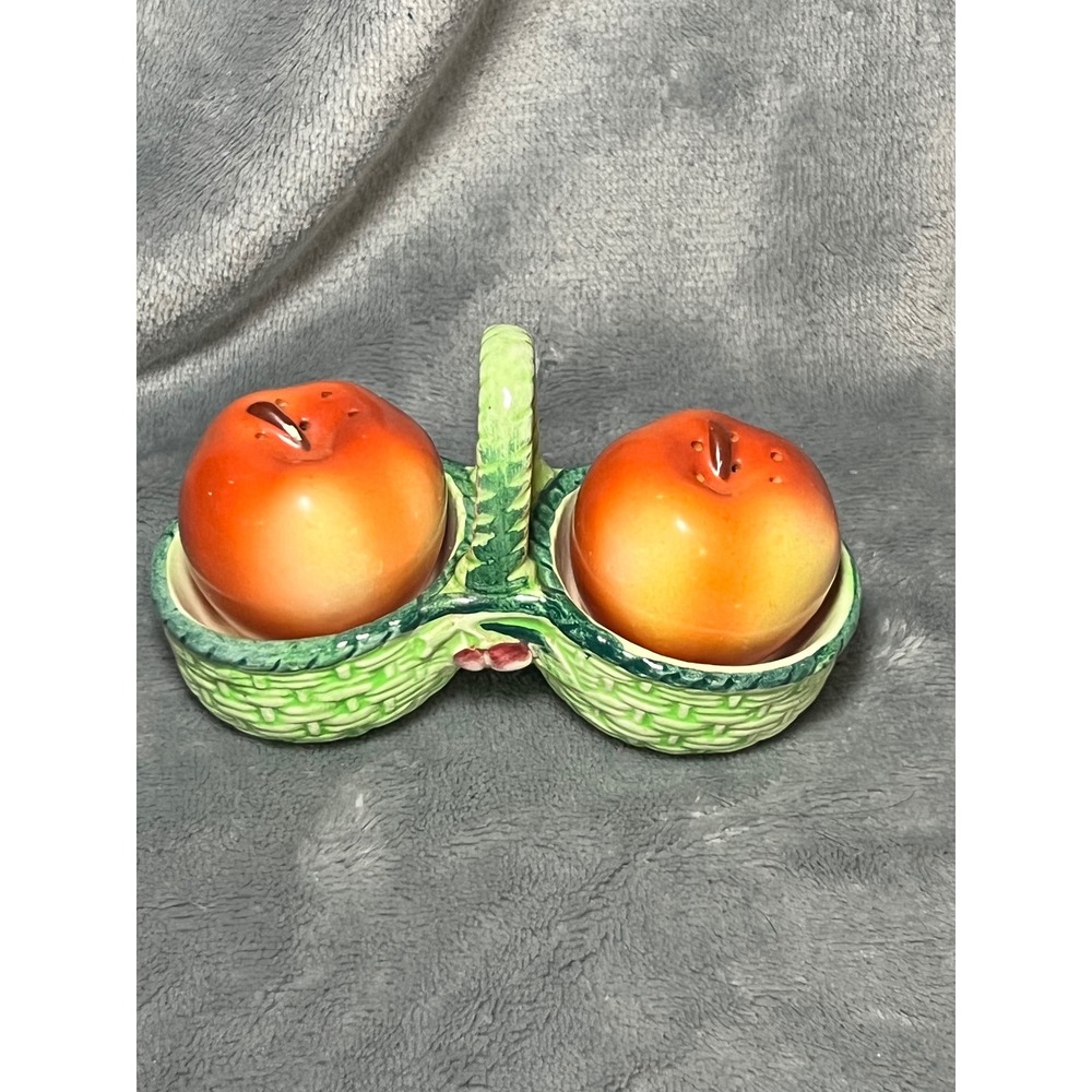 Vintage Occupied Japan Apple Salt Pepper Shakers Basket Set Ceramic 4 Inch Cute